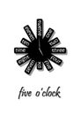 Unusual wall clock shows five o`clock, black and white, isolated on white background, vertical vector