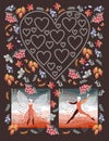 Unusual wedding invitation with elf ballet dancers and silhouette of heart.