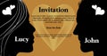Unusual wedding invitation with woman and man profile cut out, black silhouette on gold background, heart symbol.