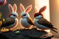 Unusual white fluff monsters, part rabbit, part bird, symbolizing Easter. AI generated