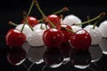 Unusual white and regular red cherries background. Generative AI