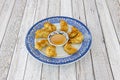 unusually Chinese dumplings made with oil-fried puff pastry and sweet curry sauce for dipping Royalty Free Stock Photo