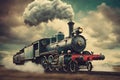 Unusually colored surreal fantasy image with vintage steam locomotive flying against dramatic sky Royalty Free Stock Photo