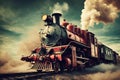 Unusually colored surreal fantasy image with vintage steam locomotive flying against dramatic sky Royalty Free Stock Photo