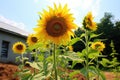 unusually tall sunflower thriving amidst shorter ones