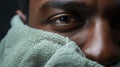 African man peeks through a towel, showcasing curiosity and mystery