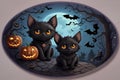 Cute Black Cats and Bats with full moon in Halloween