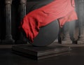 Unveil Red Cloth Cover From Round Black Stone Classic Colums Pillars. Empty Space Mockup Template 3D Rendering Royalty Free Stock Photo