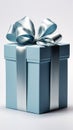 Unveiled blue gift box, elegant white bow, isolated against pristine white background.