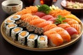 Unveiling the artistry of japanese cuisine. captivating sushi delicacy on a clean white plate Royalty Free Stock Photo