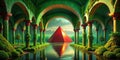 Unveiling the Enigmatic Pyramid of Unseen Powers A Surreal Room of Red and Green Glowing Arches