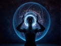 Unveiling Enlightenment A Visual Journey Through Cosmic Reflection and Blue Light Illumination in Meditation Royalty Free Stock Photo