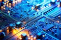 Unveiling the Intricate Network A Macro Exploration of Interconnected Circuit Boards in a Blue Technological Landscape Royalty Free Stock Photo
