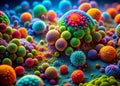 Unveiling the Intricate Structure of a Neon Bacterial Spore Colony Under a Microscope A Detailed Look at Microbial Royalty Free Stock Photo
