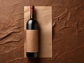 Unveiling Mystery: Intriguing Unlabelled Wine Bottle on Rustic Brown Panorama