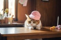 Easter Delight: Adorable Kitty Wearing Eastern Hat on Wooden Desk (AI Generated)