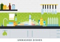 Unwashed dishes in the sink in the kitchen vector illustration in flat style.