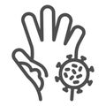 Unwashed hand with virus line icon. Prevent coronavirus spread symbol, outline style pictogram on white background