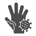 Unwashed hand with virus solid icon. Prevent coronavirus spread symbol, glyph style pictogram on white background