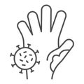 Unwashed hand with virus thin line icon. Prevent coronavirus spread symbol, outline style pictogram on white background