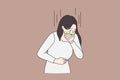 Unwell woman feel sick cover mouth vomit