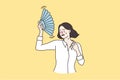 Unwell woman wave with hand fan suffer from hot weather