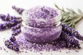 Bath salt with fresh lavender flowers on a table Royalty Free Stock Photo
