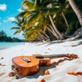 Melodic Serenity: Acoustic Guitar Rests on Tropical Beach Sands