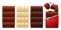 Unwrapped chocolate bars. Dark milk and white choco bar, bite broken square slabs with crumbs, cocoa product for baking