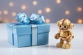 unwrapped gift box revealing a small toy robot Royalty Free Stock Photo