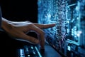 Unyielding Hand of robot touch. Coding monitor science