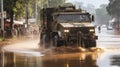 Unyielding Spirit: Military Convoy Navigates the Flooded Avenues. Generative AI