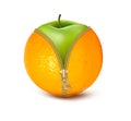 Unzipped orange with green apple.