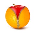 Unzipped orange with red apple. Fruit and diet aga Royalty Free Stock Photo