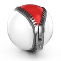 Unzipped white ball revealing red ball under