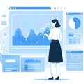 Business woman analyzing financial charts and graphs. Vector illustration in flat style.