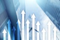 Up arrow graph on skyscraper background. Invesment and financial growth concept Royalty Free Stock Photo