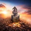 Up Arrow symbol with coins stack. Concepts of the banking system, rising interest rates, inflation, deflation, and saving Royalty Free Stock Photo