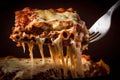 Up-close of Cheesy Lasagna on a Fork: A Mouthwatering Shot. Generative AI