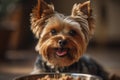 Up-Close Delight of a Yorkshire Terrier Enjoying Mealtime. Generative AI
