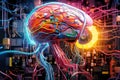 An up-close glimpse into the inner workings of a technologically advanced brain, where vibrant colors dance across its surface,