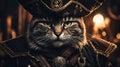 Up close head and shoulders view of a pirate cat, wearing a hat and coat ai created