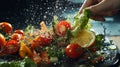 Close-up of a hand holding fresh vegetables, drops of water, healthy food, healthy diet, vegetarian