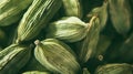 An up close image of fragrant cardamom pods nestled together, showcasing vibrant. Generative Ai