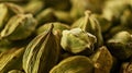 An up close image of fragrant cardamom pods nestled together, showcasing vibrant. Generative Ai
