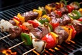 up close image of grilled lamb kebabs with pepper and onion