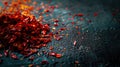 An up close image of vibrant red chili flakes sprinkled on a dark surface, creating . Generative Ai