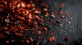 An up close image of vibrant red chili flakes sprinkled on a dark surface, creating . Generative Ai