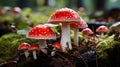 An up-close image of whimsical red and white toadstool mushrooms, reminiscent of scenes from a magical storybook