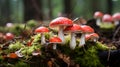 An up-close image of whimsical red and white toadstool mushrooms, reminiscent of scenes from a magical storybook